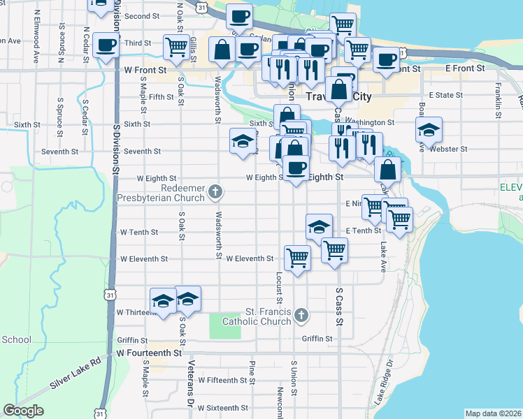 map of restaurants, bars, coffee shops, grocery stores, and more near 553-599 Pine Street in Traverse City