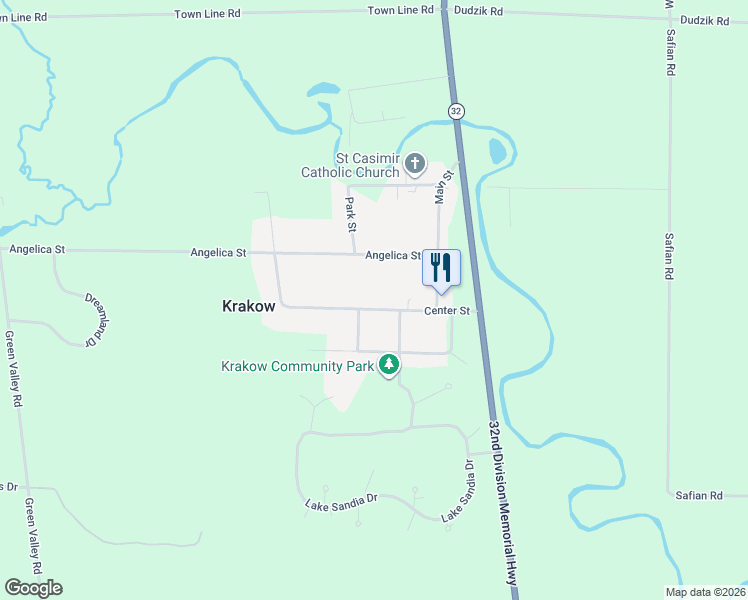 map of restaurants, bars, coffee shops, grocery stores, and more near W190 Center Street in Krakow