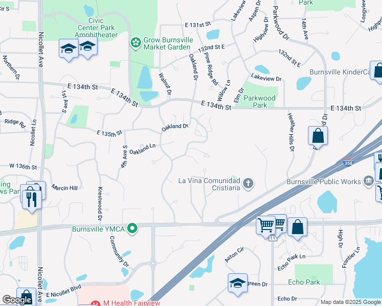 map of restaurants, bars, coffee shops, grocery stores, and more near 46 Garden Drive in Burnsville