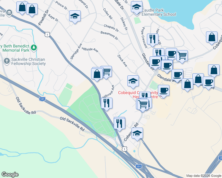 map of restaurants, bars, coffee shops, grocery stores, and more near 22 Hillcrest Avenue in Lower Sackville