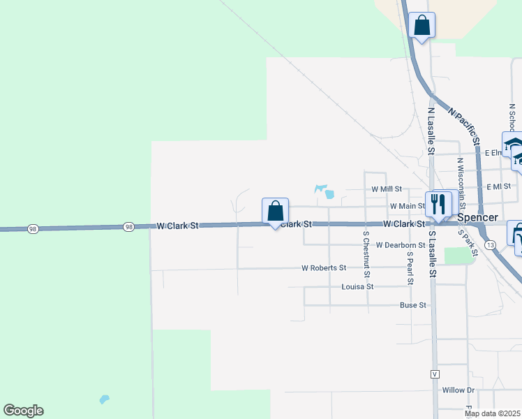 map of restaurants, bars, coffee shops, grocery stores, and more near 301 North Julia Street in Spencer