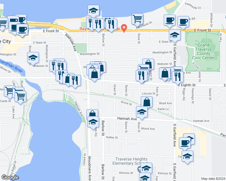 map of restaurants, bars, coffee shops, grocery stores, and more near 518 Grant Street in Traverse City