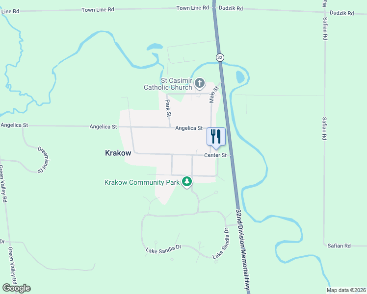 map of restaurants, bars, coffee shops, grocery stores, and more near W190 Center Street in Krakow