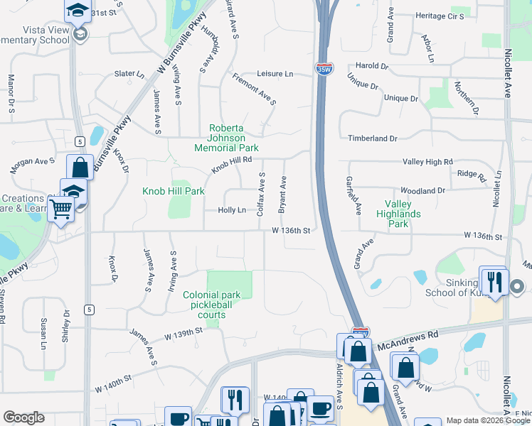 map of restaurants, bars, coffee shops, grocery stores, and more near 13509 Colfax Avenue South in Burnsville