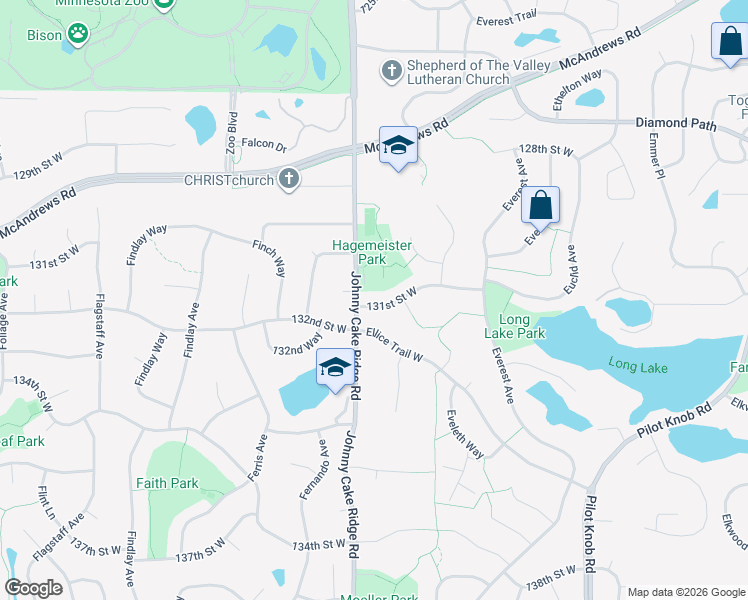 map of restaurants, bars, coffee shops, grocery stores, and more near 5961 131st Street West in Apple Valley