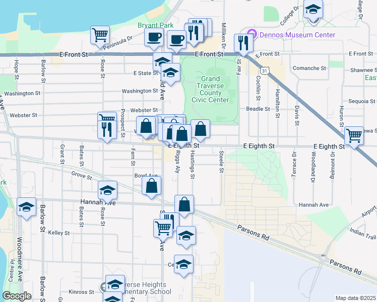 map of restaurants, bars, coffee shops, grocery stores, and more near 1148 East Eighth Street in Traverse City