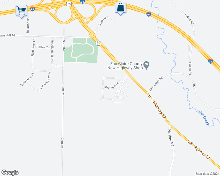 map of restaurants, bars, coffee shops, grocery stores, and more near 6391 Prairie Circle South in Eau Claire