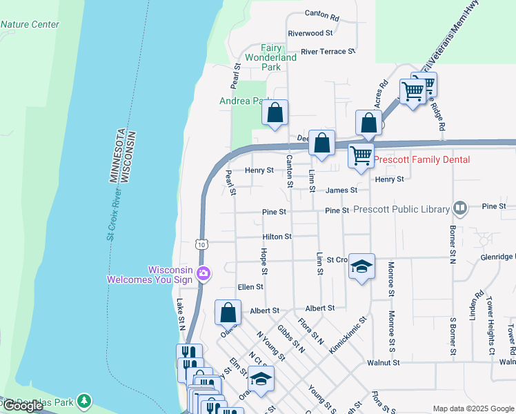 map of restaurants, bars, coffee shops, grocery stores, and more near 638 Pine Street in Prescott