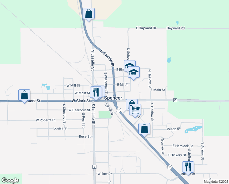 map of restaurants, bars, coffee shops, grocery stores, and more near State Highway 13 in Spencer