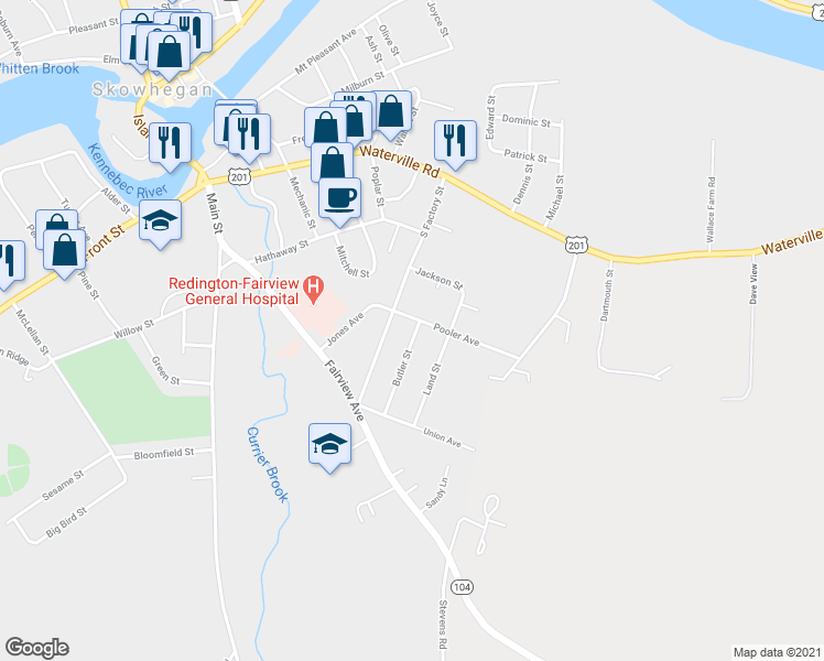map of restaurants, bars, coffee shops, grocery stores, and more near 11 Butler Street in Skowhegan