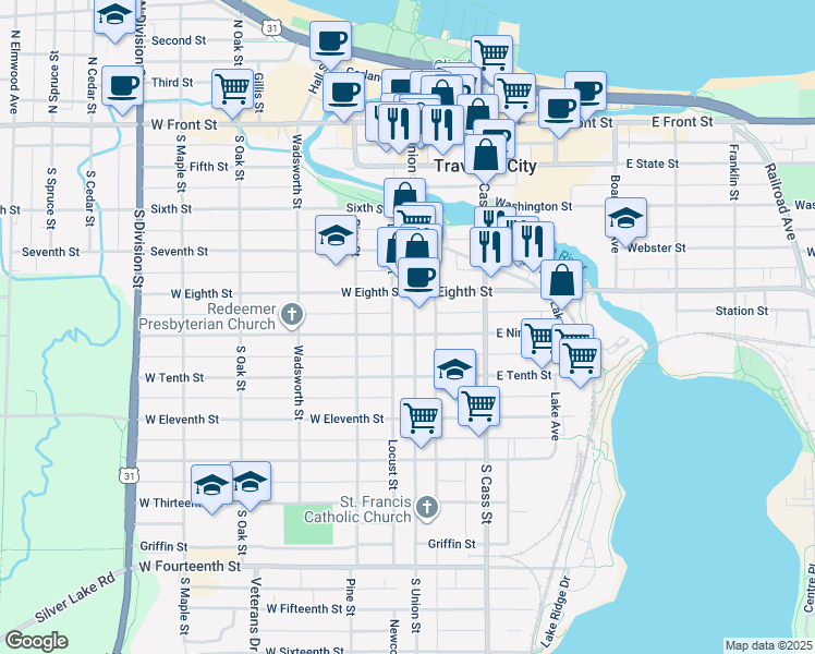 map of restaurants, bars, coffee shops, grocery stores, and more near 520 Locust Street in Traverse City