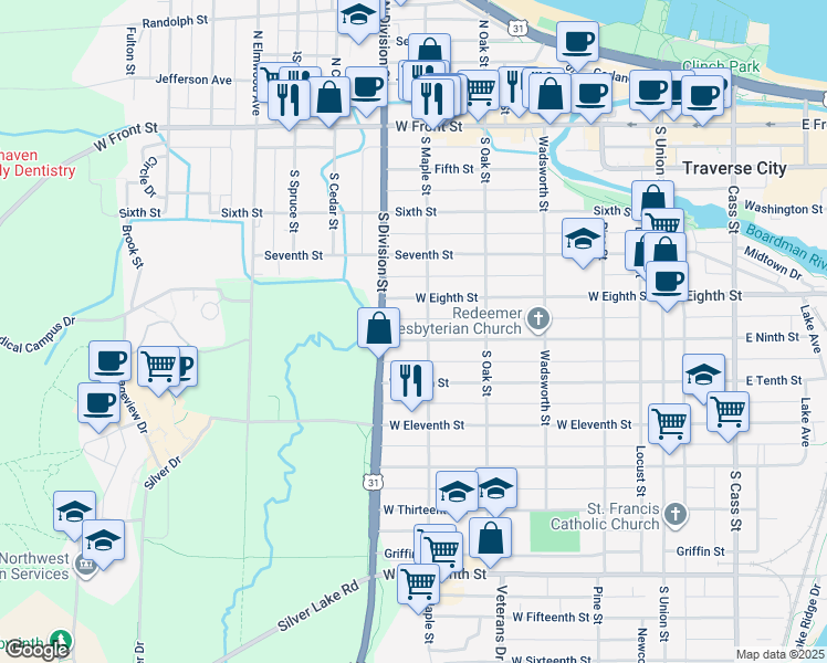 map of restaurants, bars, coffee shops, grocery stores, and more near 610 West Ninth Street in Traverse City