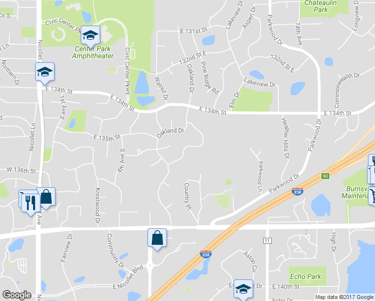 map of restaurants, bars, coffee shops, grocery stores, and more near 46 Garden Drive in Burnsville
