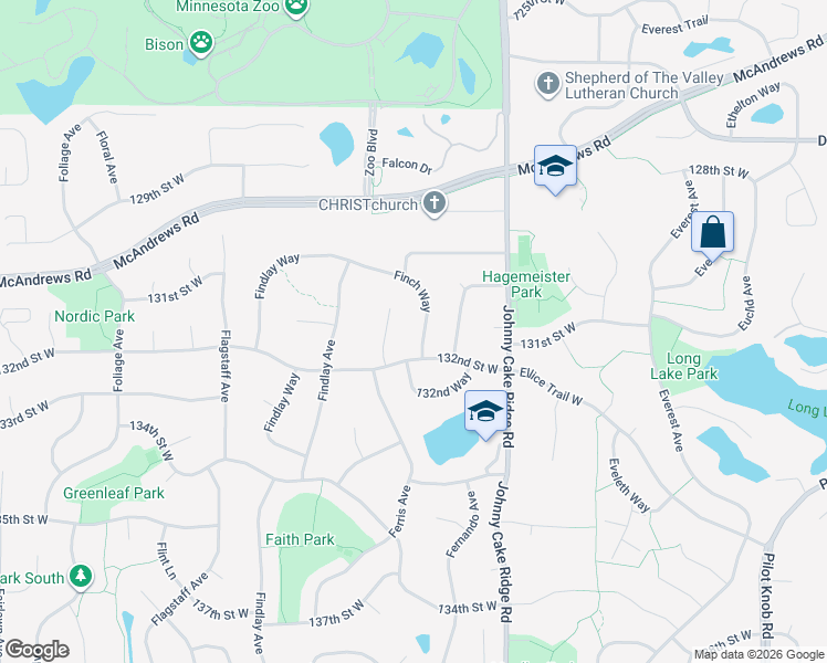 map of restaurants, bars, coffee shops, grocery stores, and more near 13121 Finch Way in Apple Valley