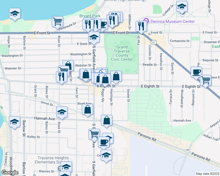 map of restaurants, bars, coffee shops, grocery stores, and more near 1148 East Eighth Street in Traverse City