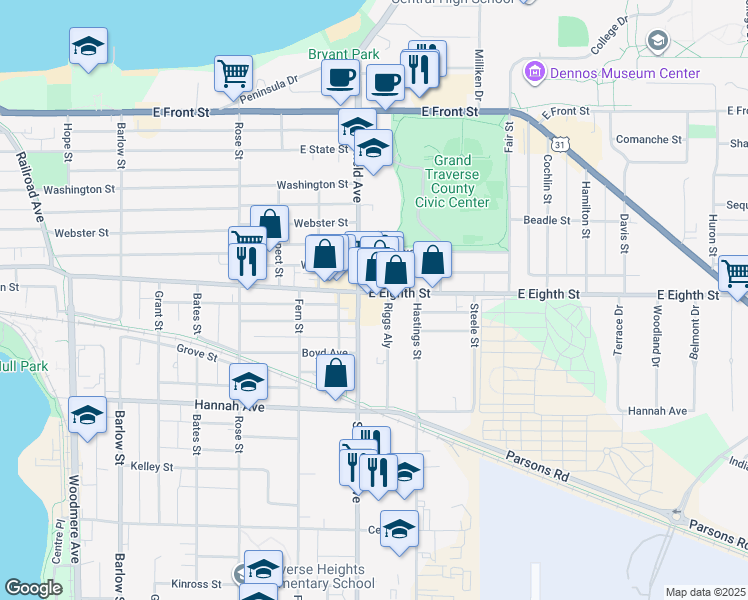 map of restaurants, bars, coffee shops, grocery stores, and more near 1110 East Eighth Street in Traverse City