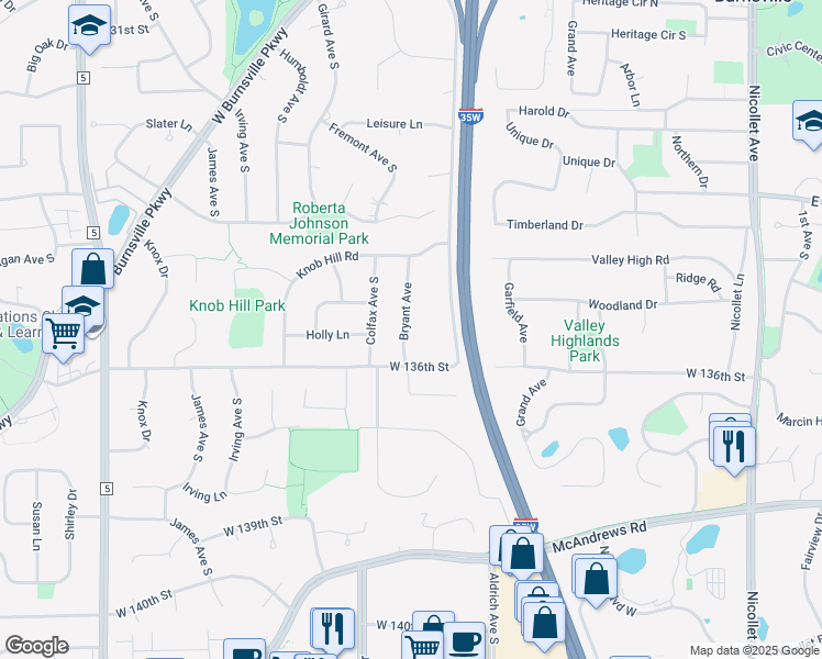 map of restaurants, bars, coffee shops, grocery stores, and more near 13509 Bryant Avenue in Burnsville