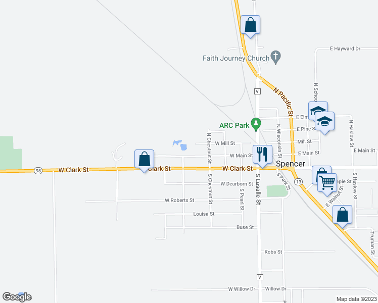 map of restaurants, bars, coffee shops, grocery stores, and more near 412 West Main Street in Spencer