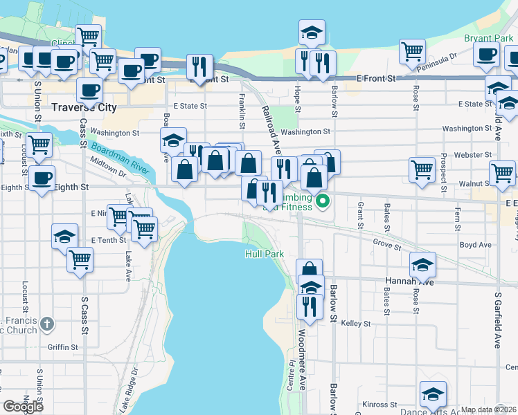 map of restaurants, bars, coffee shops, grocery stores, and more near 609 Railroad Place in Traverse City