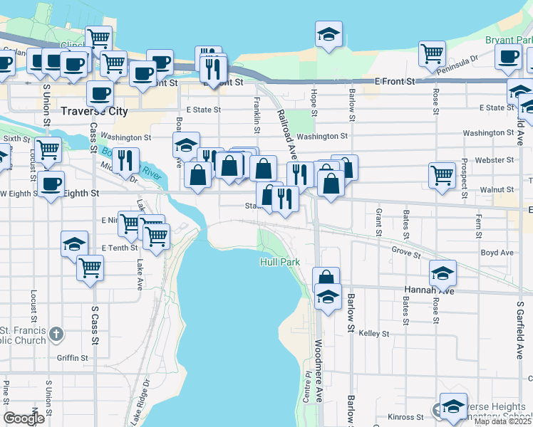 map of restaurants, bars, coffee shops, grocery stores, and more near 603 Railroad Place in Traverse City