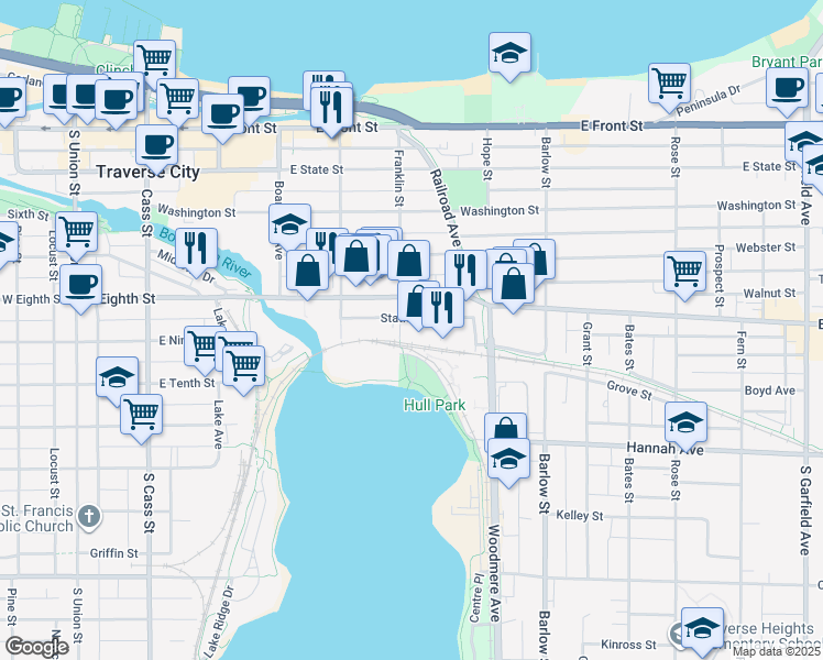 map of restaurants, bars, coffee shops, grocery stores, and more near 601 Railroad Place in Traverse City