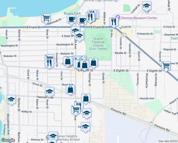map of restaurants, bars, coffee shops, grocery stores, and more near 1148 East Eighth Street in Traverse City