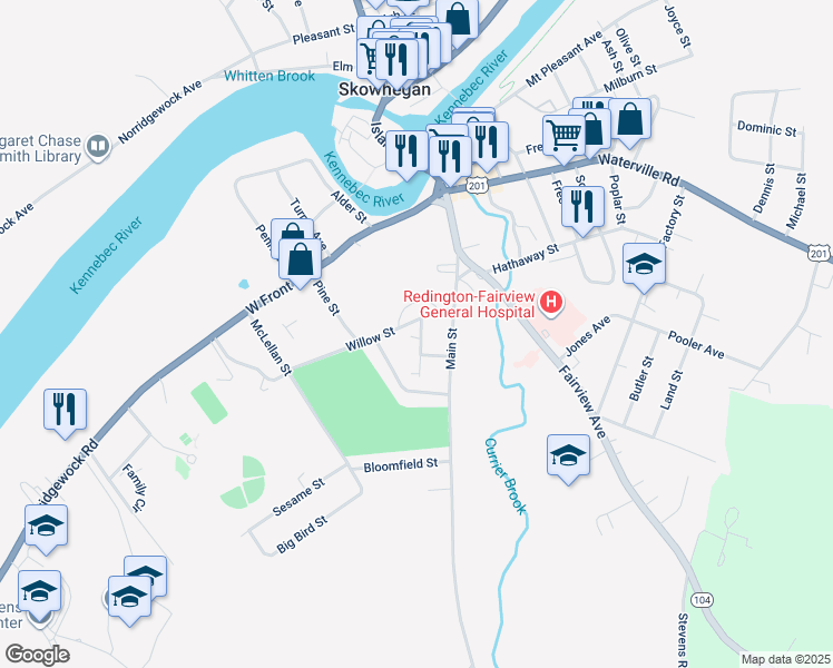 map of restaurants, bars, coffee shops, grocery stores, and more near 10 Bailey Street in Skowhegan