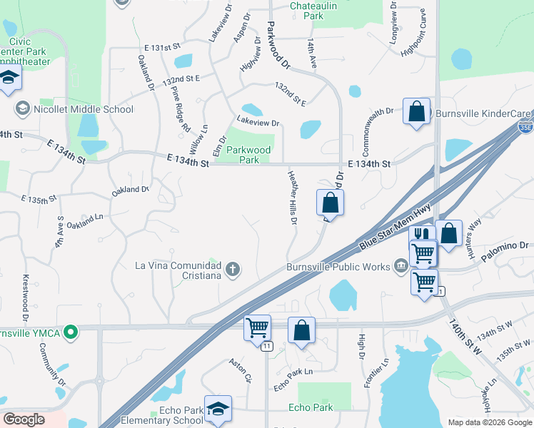 map of restaurants, bars, coffee shops, grocery stores, and more near 13517 Parkwood Lane in Burnsville
