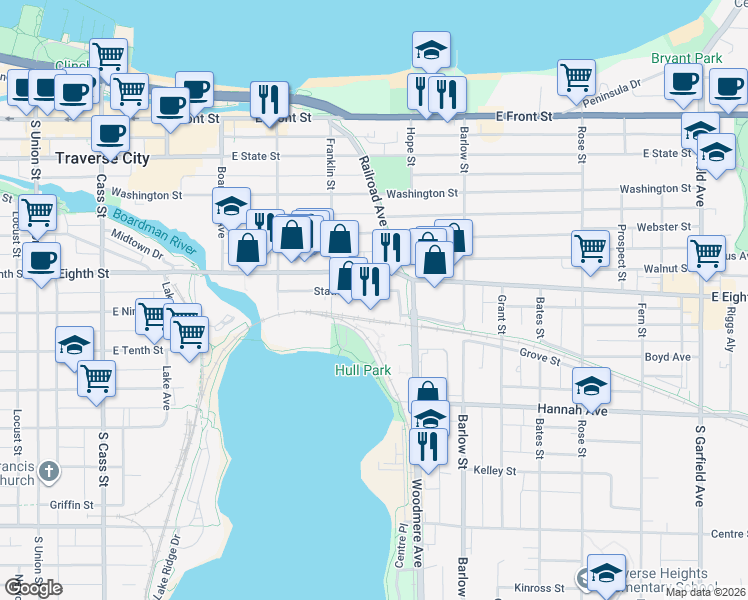map of restaurants, bars, coffee shops, grocery stores, and more near 612 Station Street in Traverse City