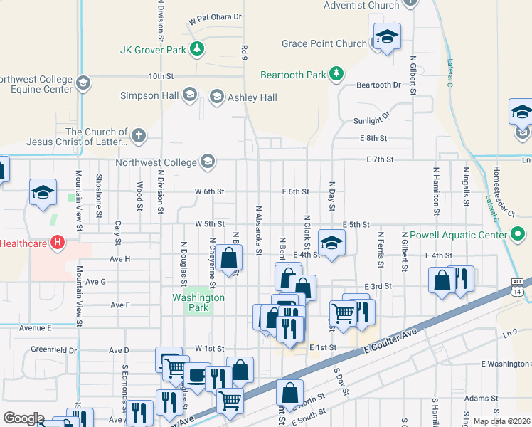 map of restaurants, bars, coffee shops, grocery stores, and more near 525 N Absaroka St in Powell