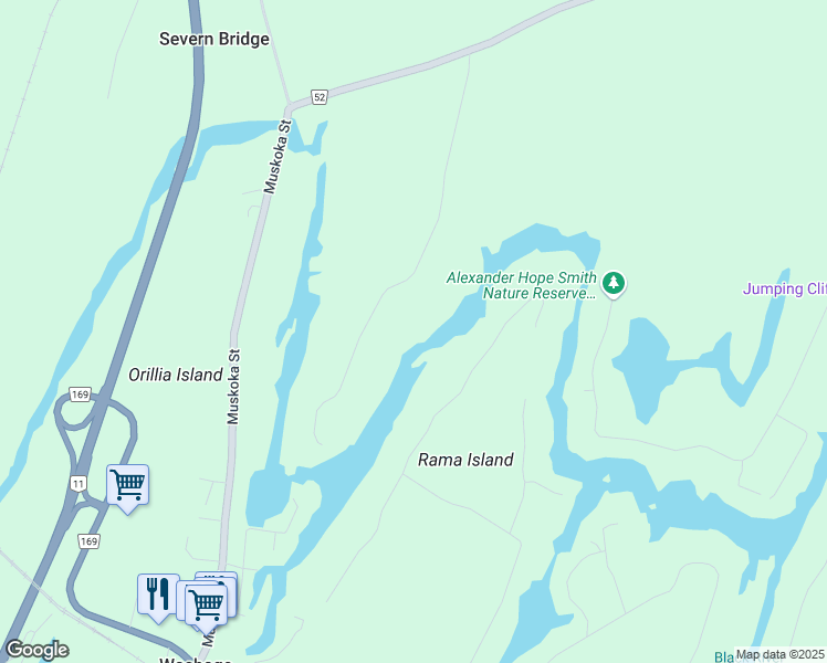 map of restaurants, bars, coffee shops, grocery stores, and more near 3229 Green River Drive in Washago