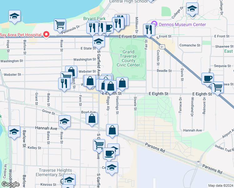 map of restaurants, bars, coffee shops, grocery stores, and more near 1148 East Eighth Street in Traverse City