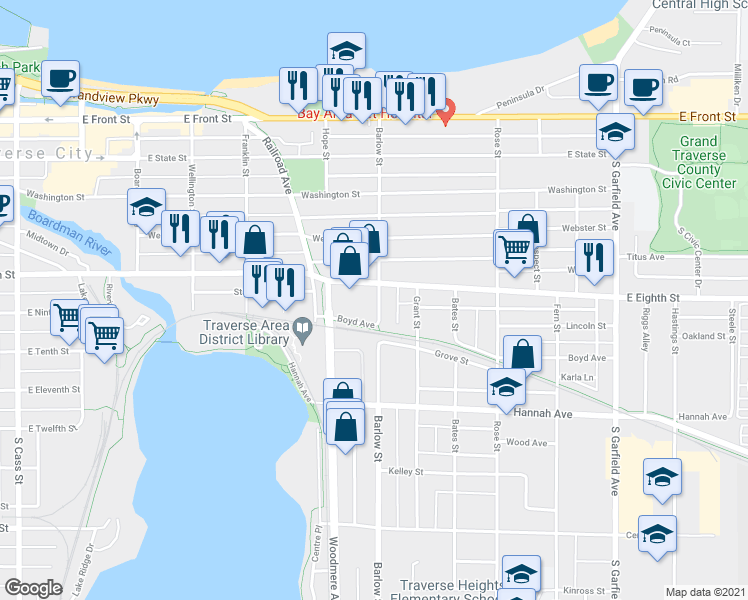 map of restaurants, bars, coffee shops, grocery stores, and more near 509 Barlow Street in Traverse City