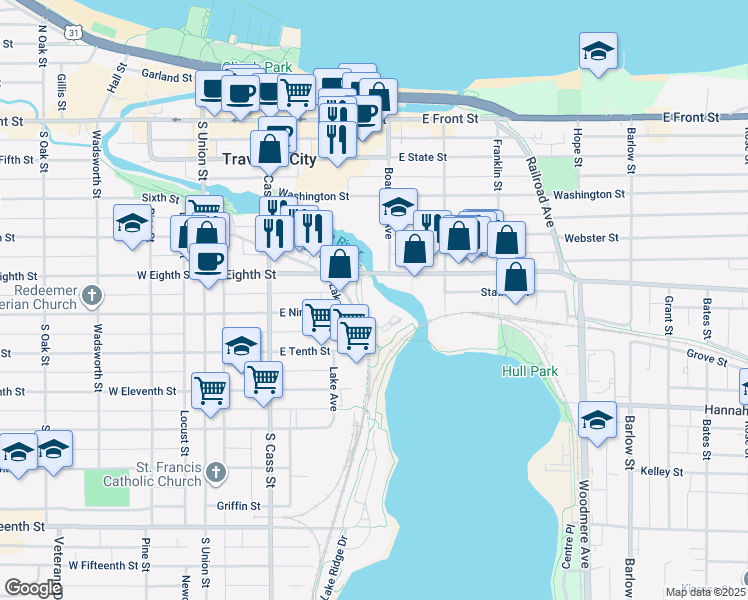 map of restaurants, bars, coffee shops, grocery stores, and more near 525 Riverine Drive in Traverse City