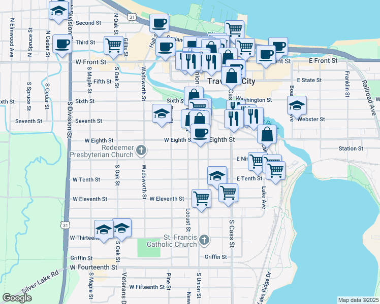 map of restaurants, bars, coffee shops, grocery stores, and more near 520 Locust Street in Traverse City