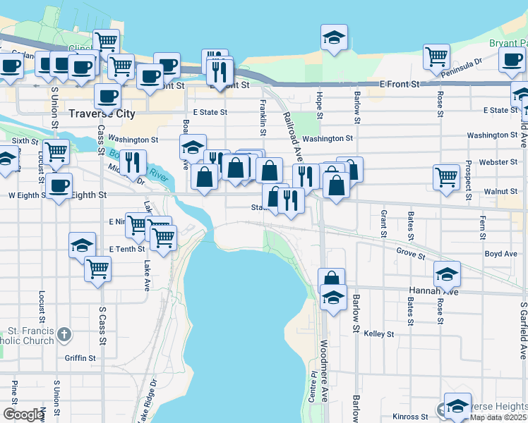 map of restaurants, bars, coffee shops, grocery stores, and more near 609 Railroad Place in Traverse City