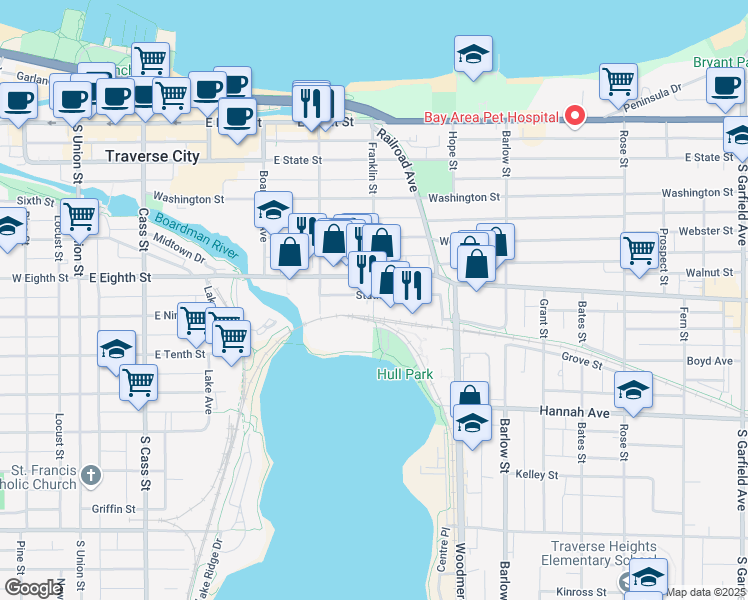 map of restaurants, bars, coffee shops, grocery stores, and more near 607 Railroad Place in Traverse City