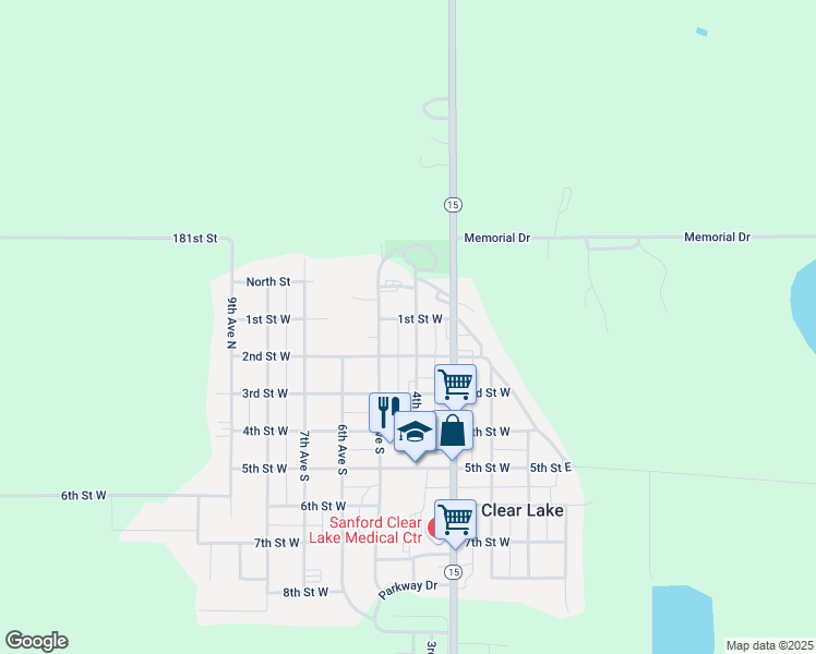 map of restaurants, bars, coffee shops, grocery stores, and more near 349-399 1st Street West in Clear Lake