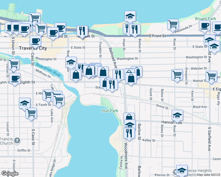 map of restaurants, bars, coffee shops, grocery stores, and more near 612 Station Street in Traverse City