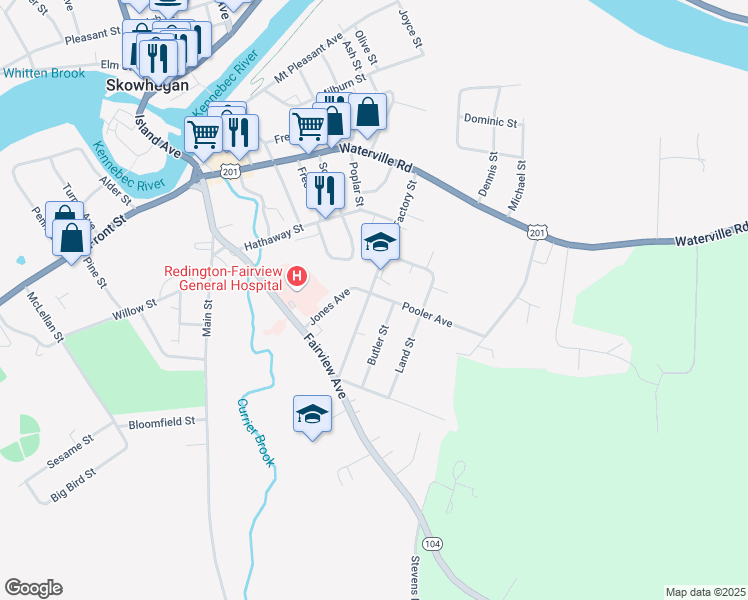map of restaurants, bars, coffee shops, grocery stores, and more near 11 Butler Street in Skowhegan