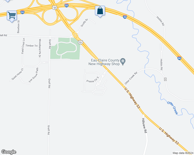 map of restaurants, bars, coffee shops, grocery stores, and more near 6475 Prairie Park Circle North in Eau Claire