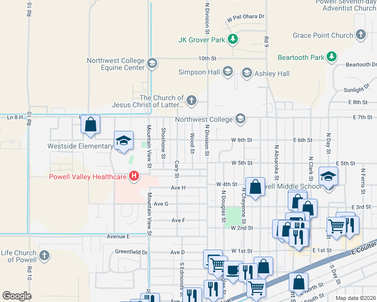 map of restaurants, bars, coffee shops, grocery stores, and more near 532 Wood Street in Powell