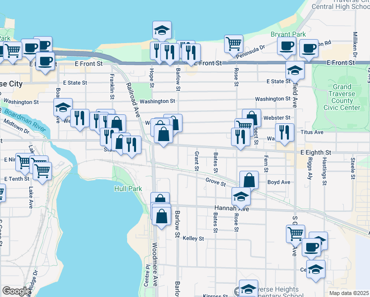 map of restaurants, bars, coffee shops, grocery stores, and more near 509 Barlow Street in Traverse City