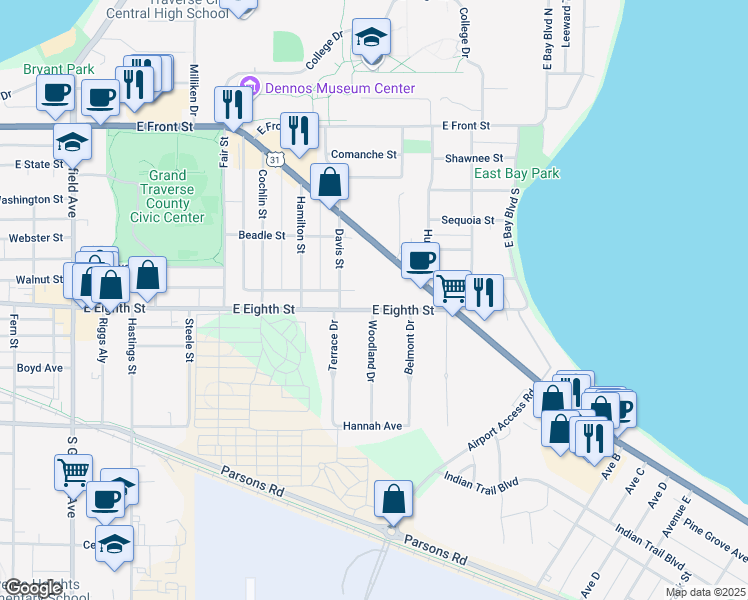 map of restaurants, bars, coffee shops, grocery stores, and more near 500-698 Woodland Dr in Traverse City