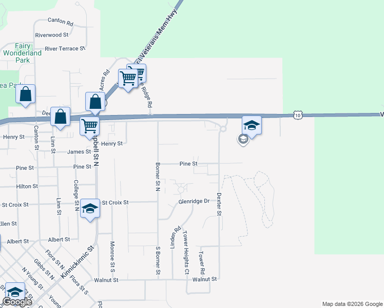 map of restaurants, bars, coffee shops, grocery stores, and more near 1602 Pine Street in Prescott