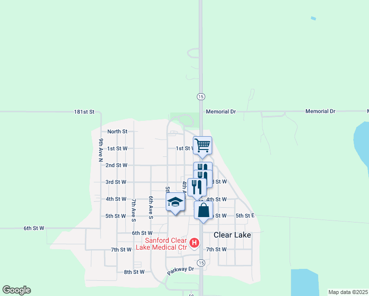 map of restaurants, bars, coffee shops, grocery stores, and more near 399 1st Street West in Clear Lake