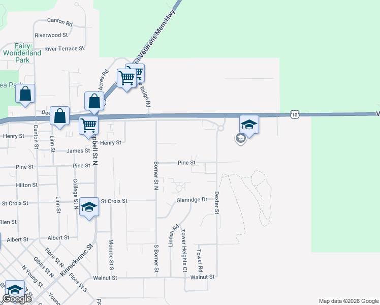 map of restaurants, bars, coffee shops, grocery stores, and more near 1602 Pine Street in Prescott