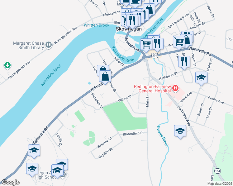 map of restaurants, bars, coffee shops, grocery stores, and more near 8 Pine Street in Skowhegan