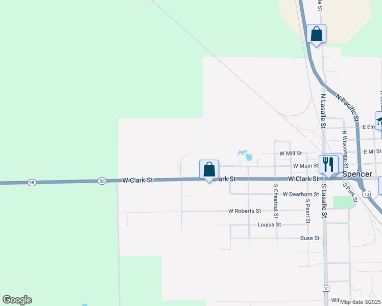map of restaurants, bars, coffee shops, grocery stores, and more near 301 North Julia Street in Spencer