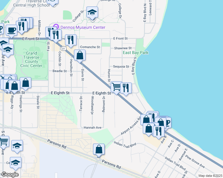 map of restaurants, bars, coffee shops, grocery stores, and more near 1848-1898 E 8th St in Traverse City